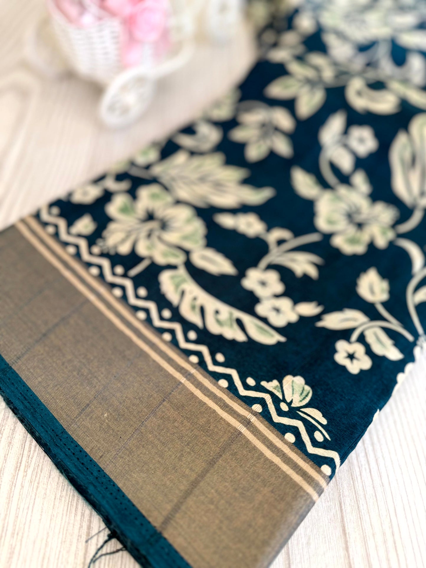 Tale Blue Banarasi Silk Saree with White Floral Motifs and Traditional Border