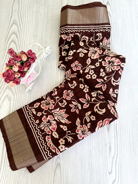 Dark Brown Banarasi Silk Saree with White Floral Motifs and Traditional Border