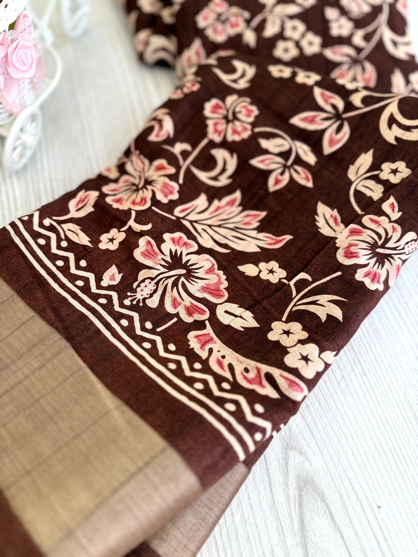 Dark Brown Banarasi Silk Saree with White Floral Motifs and Traditional Border