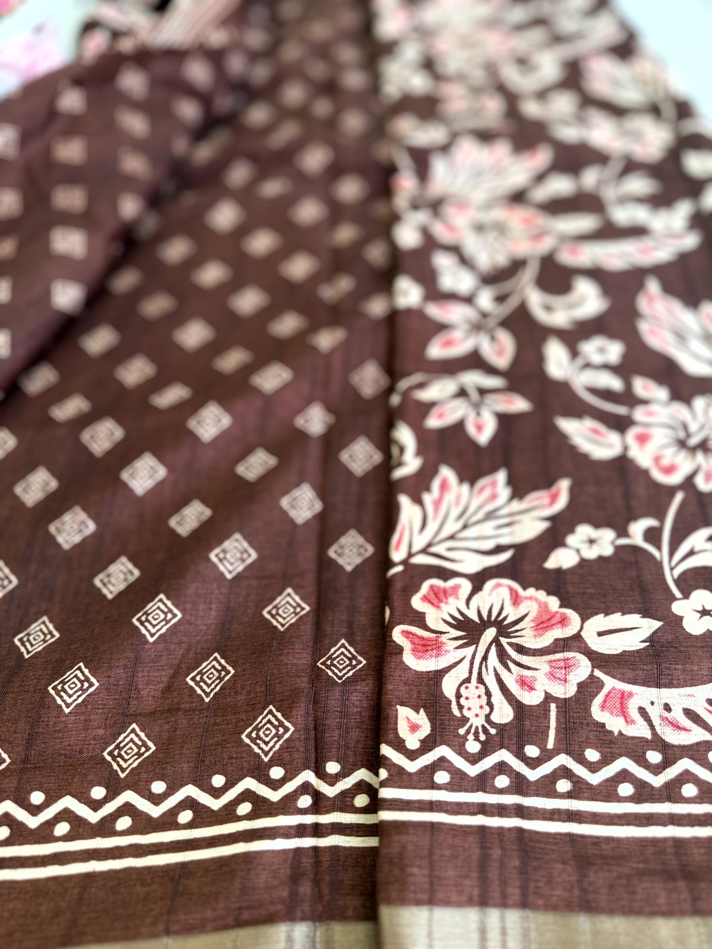 Dark Brown Banarasi Silk Saree with White Floral Motifs and Traditional Border