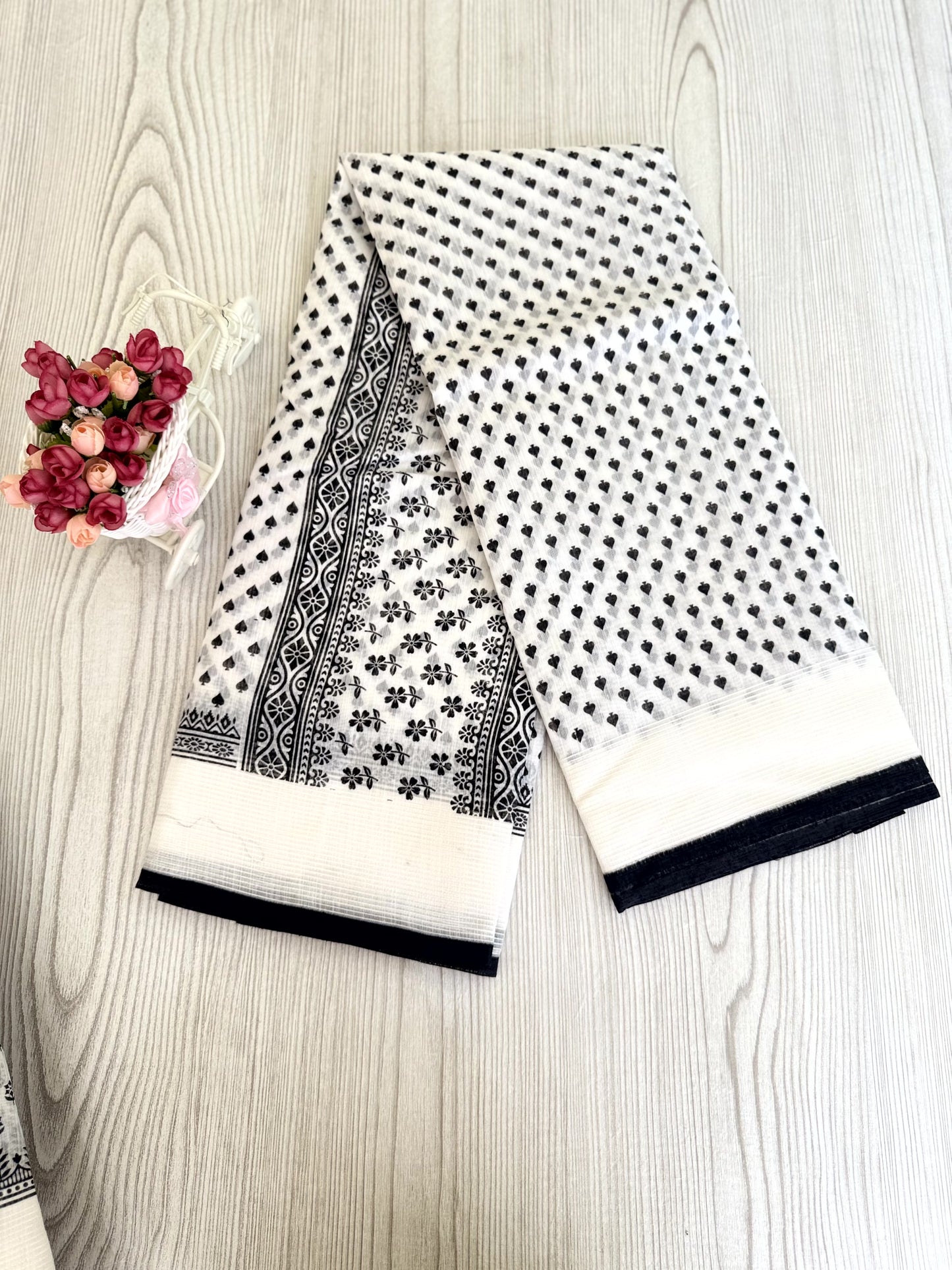 Classic Black and White Cotton Saree with Polka Dots and Floral Patterns