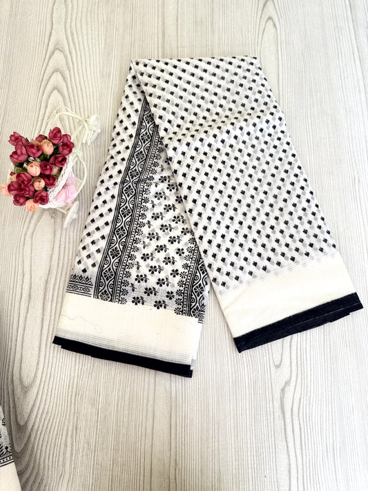 Classic Black and White Cotton Saree with Polka Dots and Floral Patterns