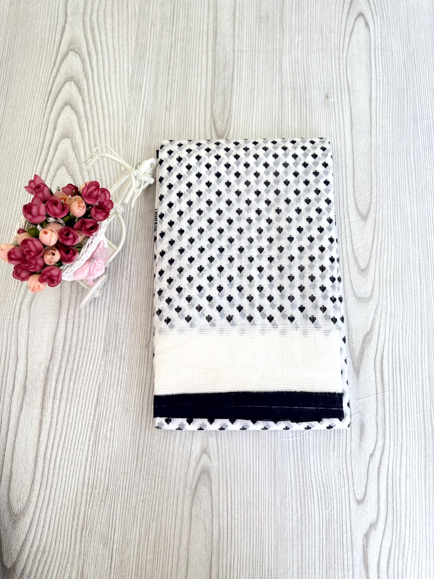 Classic Black and White Cotton Saree with Polka Dots and Floral Patterns