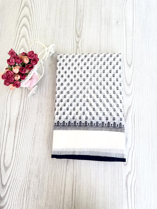 Classic Black and White Cotton Saree with Polka Dots and Floral Patterns