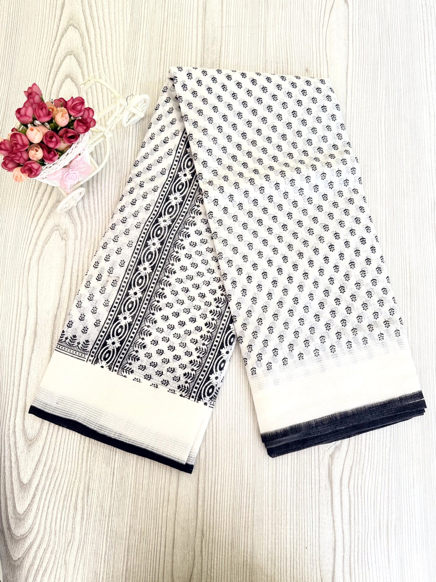 Classic Black and White Cotton Saree with Polka Dots and Floral Patterns