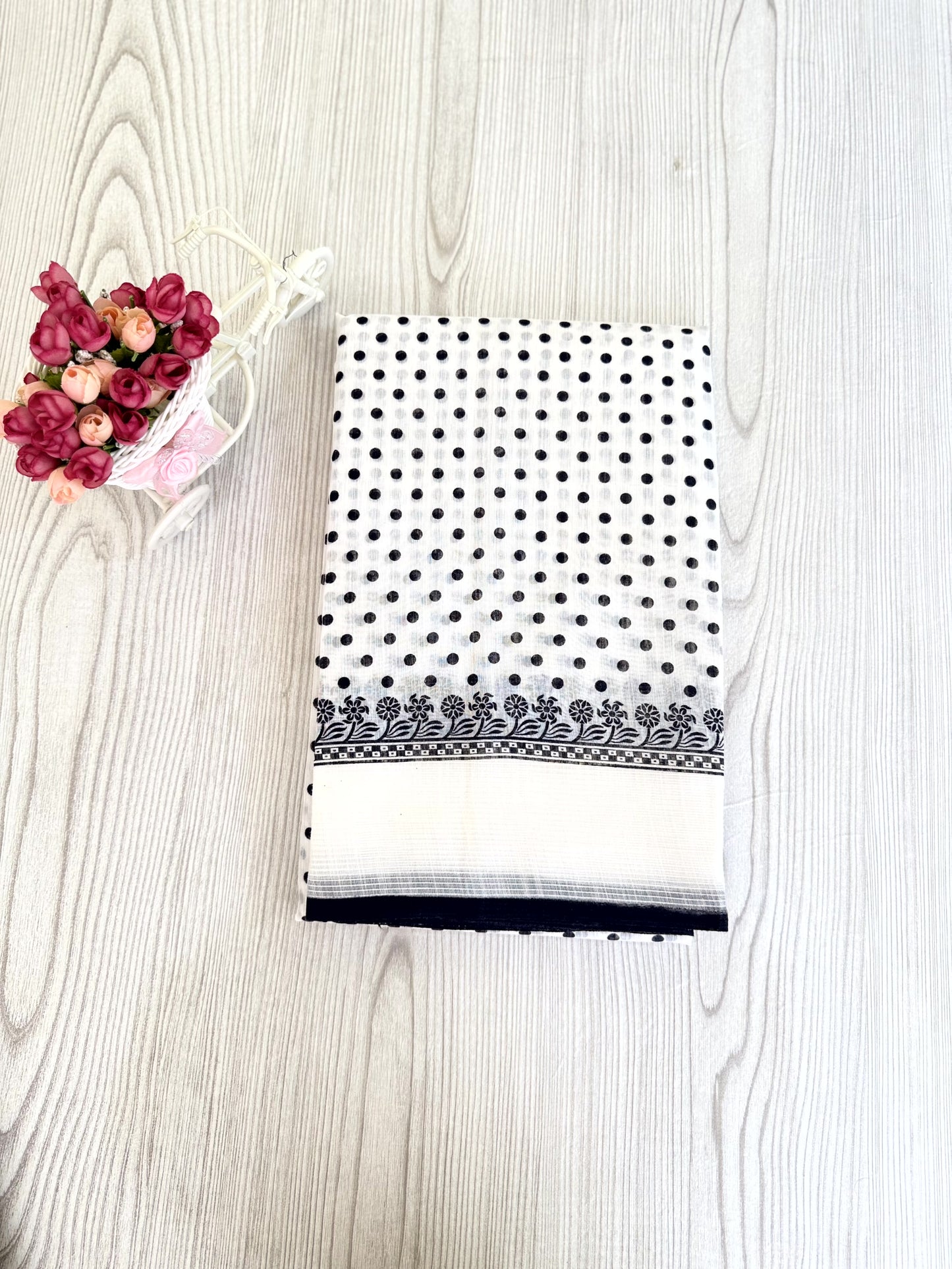 Classic Black and White Cotton Saree with Polka Dots and Floral Patterns