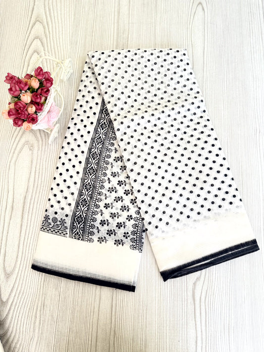 Classic Black and White Cotton Saree with Polka Dots and Floral Patterns