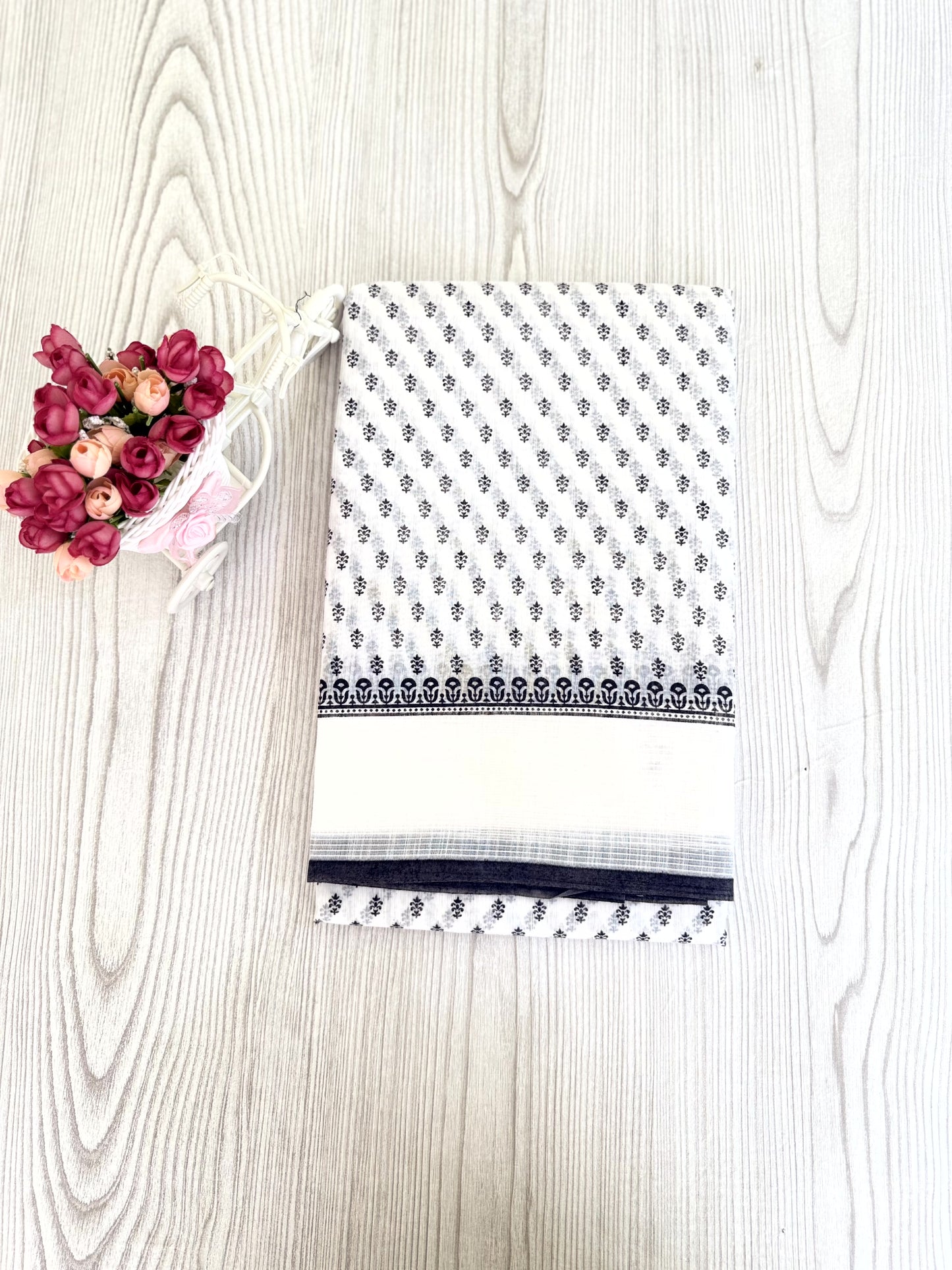 Classic Black and White Cotton Saree with Polka Dots and Floral Patterns