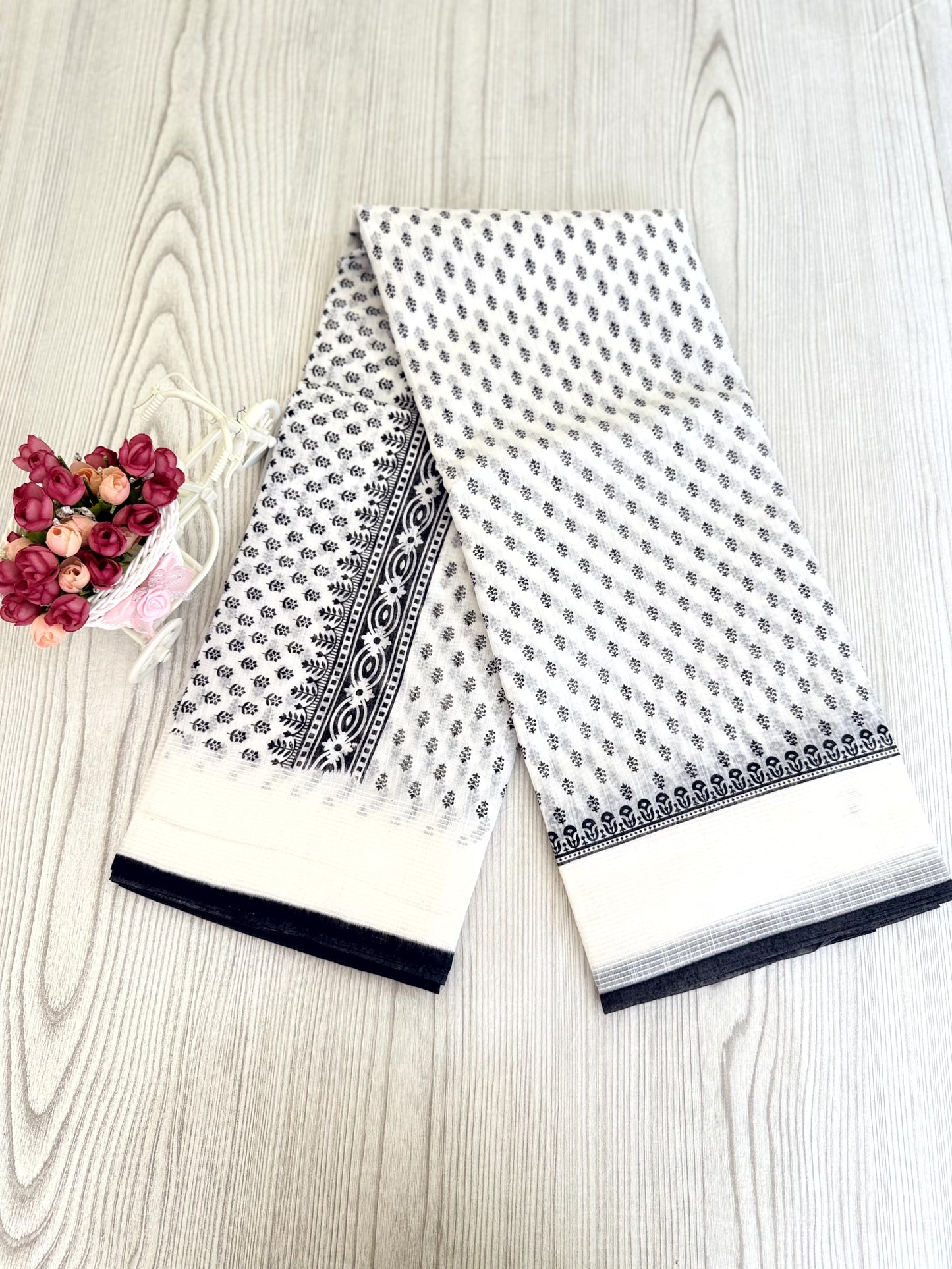 Classic Black and White Cotton Saree with Polka Dots and Floral Patterns