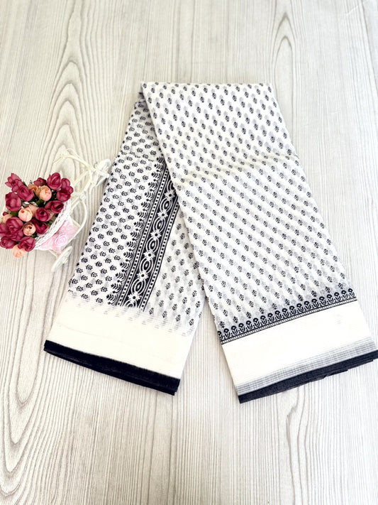 Classic Black and White Cotton Saree with Polka Dots and Floral Patterns