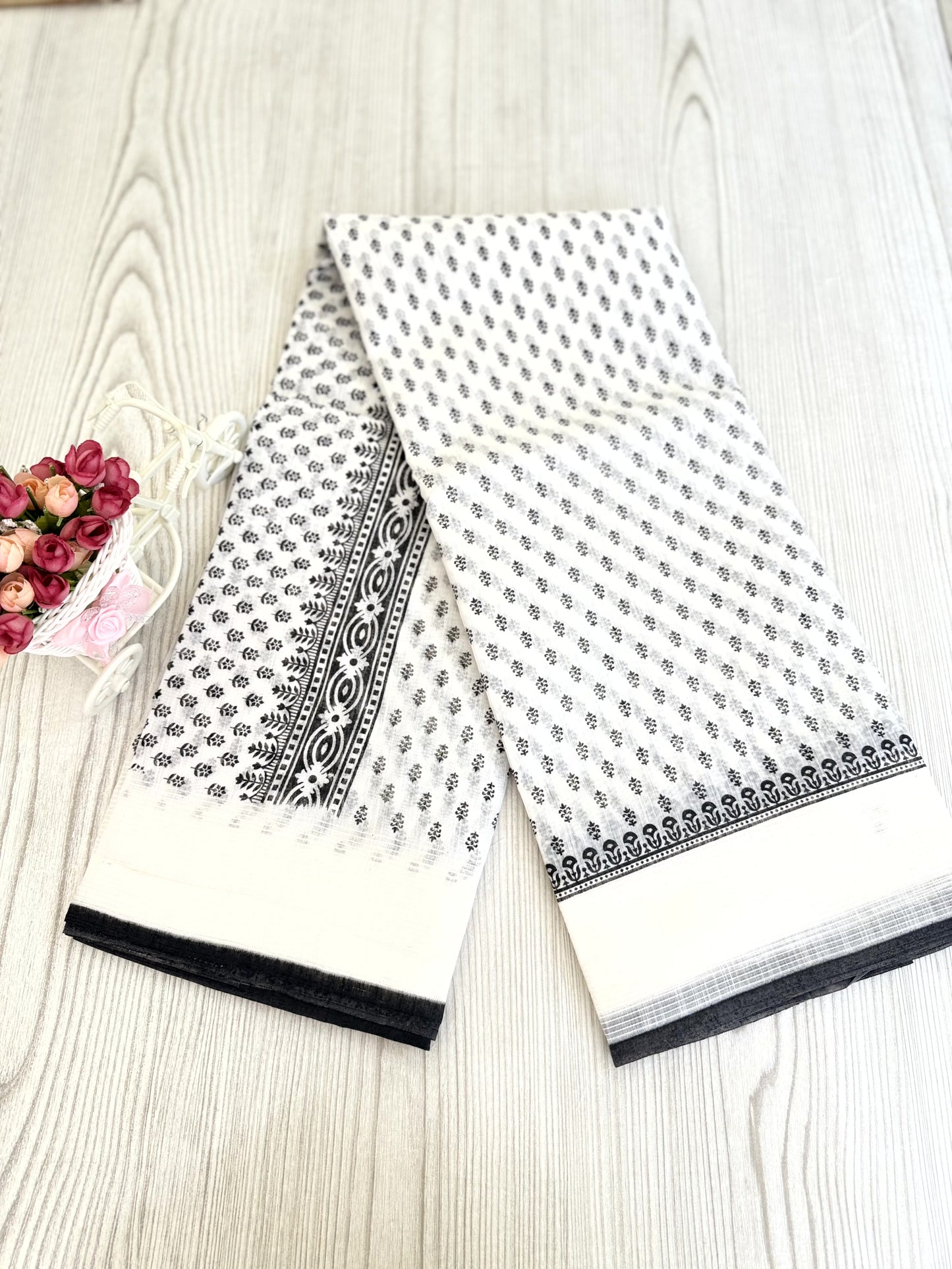 Classic Black and White Cotton Saree with Polka Dots and Floral Patterns