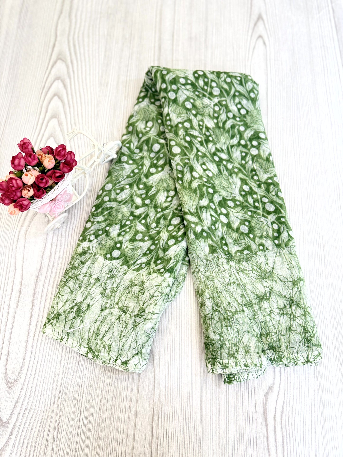 Green and White Chiffon Saree with Elegant Floral Design