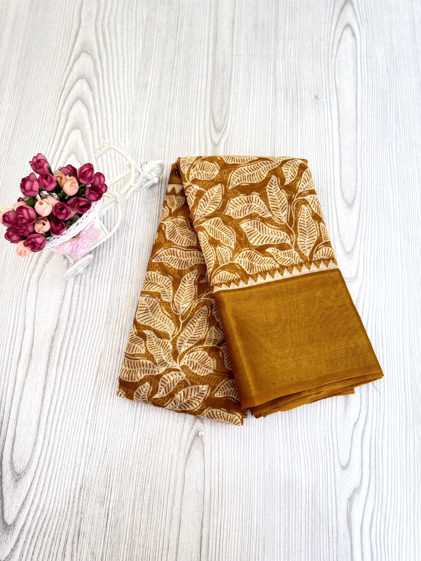 Charming Mustard Cotton Saree with Leaf Motif and Solid Pallu Design
