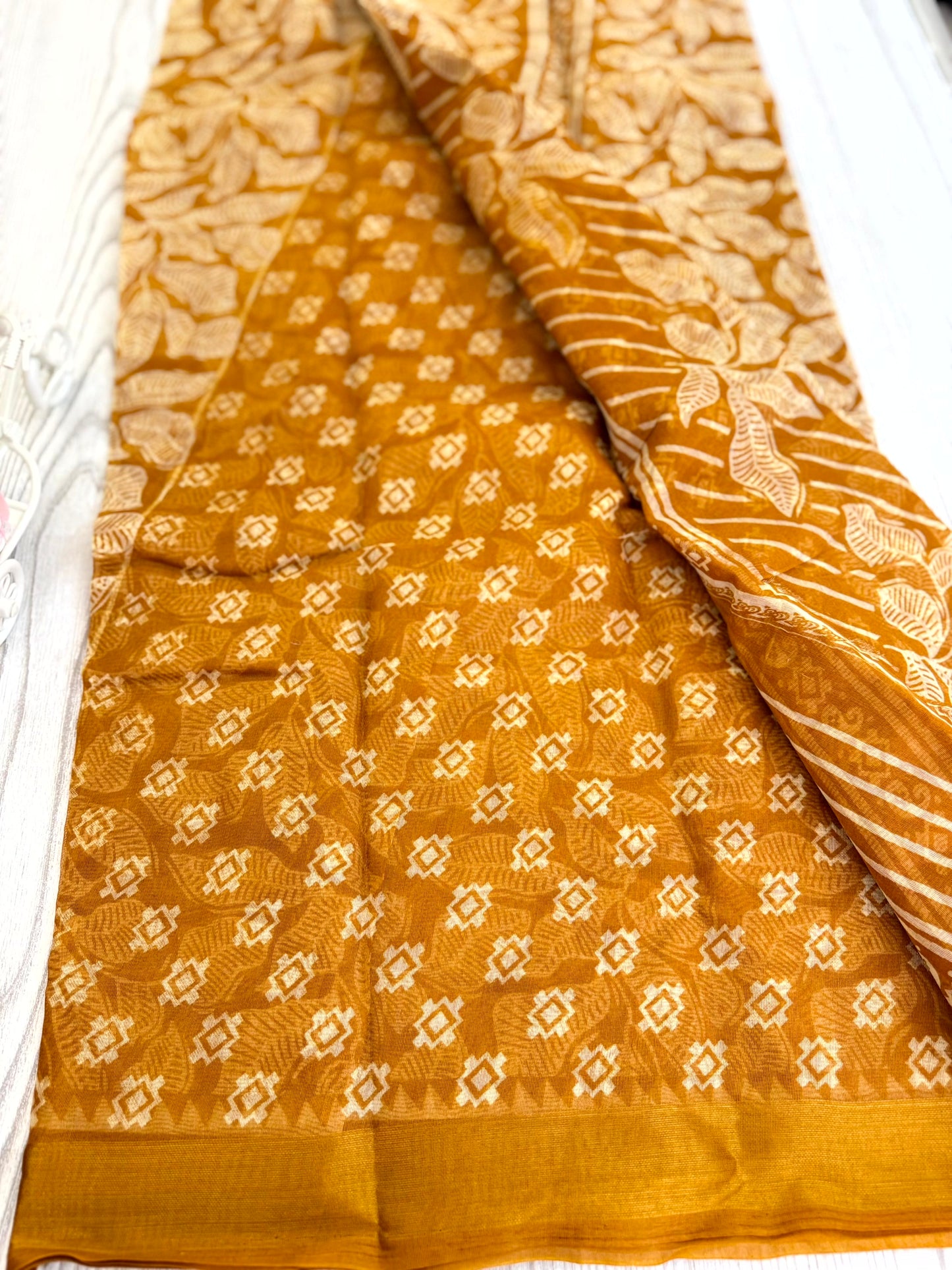 Charming Mustard Cotton Saree with Leaf Motif and Solid Pallu Design