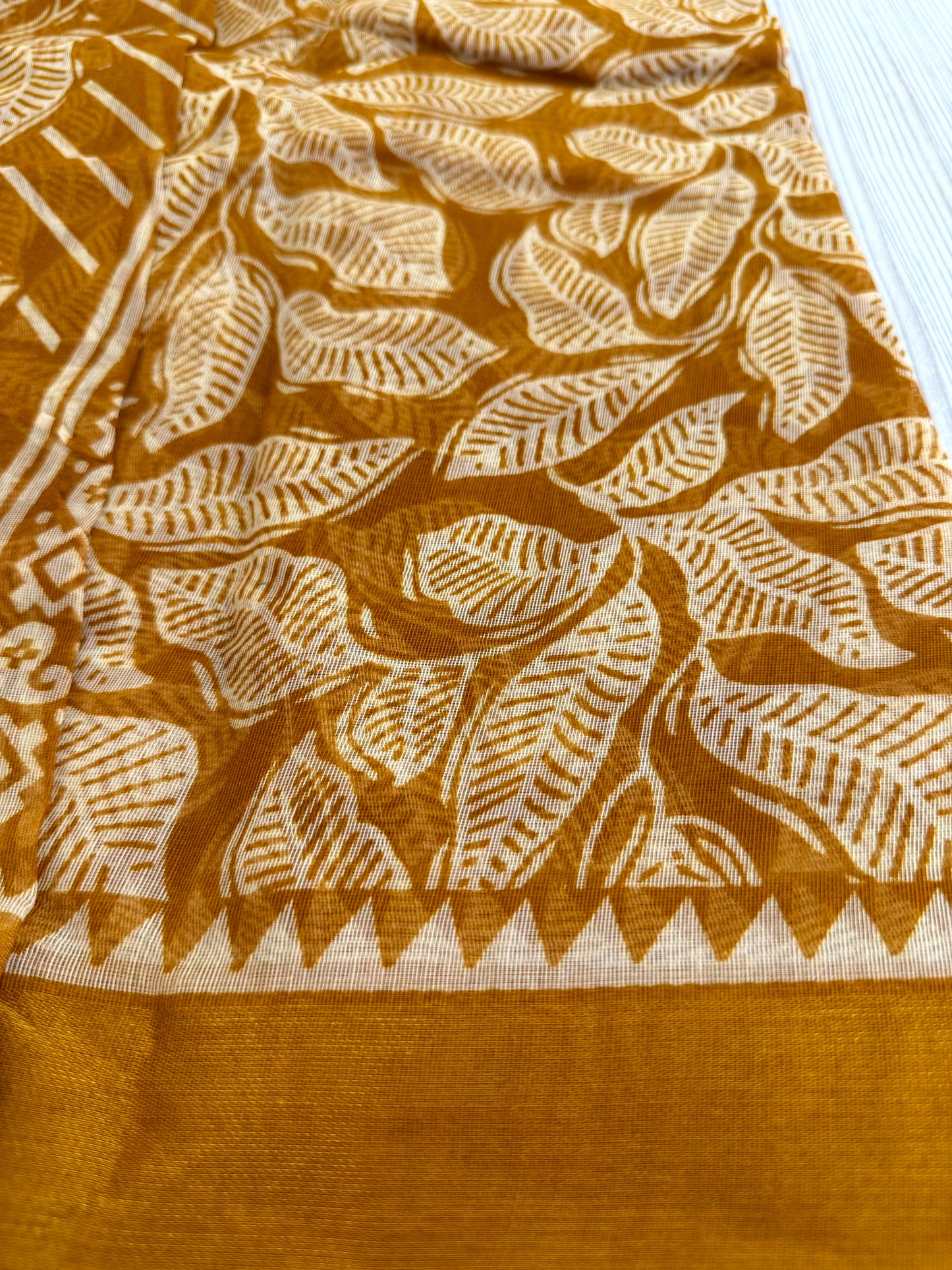 Charming Mustard Cotton Saree with Leaf Motif and Solid Pallu Design