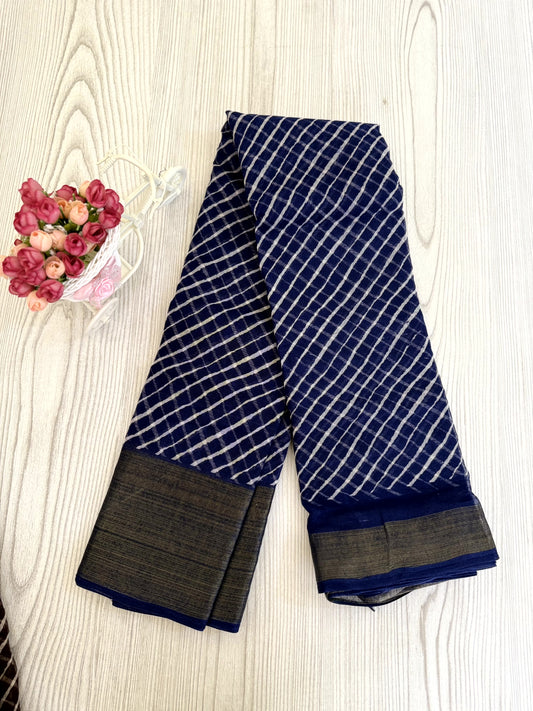 Elegant Navy Blue Cotton Saree with Intricate Paisley and Floral Patterns