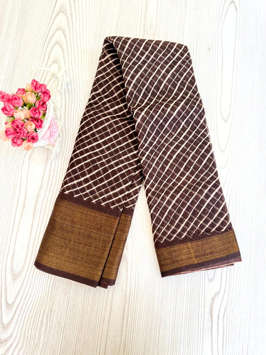 Elegant Brown Cotton Saree with Intricate Paisley and Floral Patterns