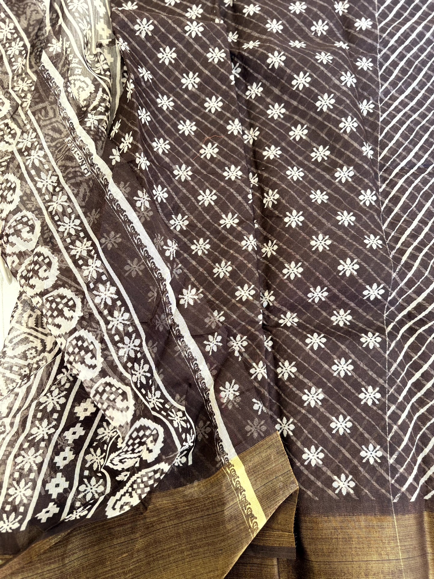 Elegant Brown Cotton Saree with Intricate Paisley and Floral Patterns