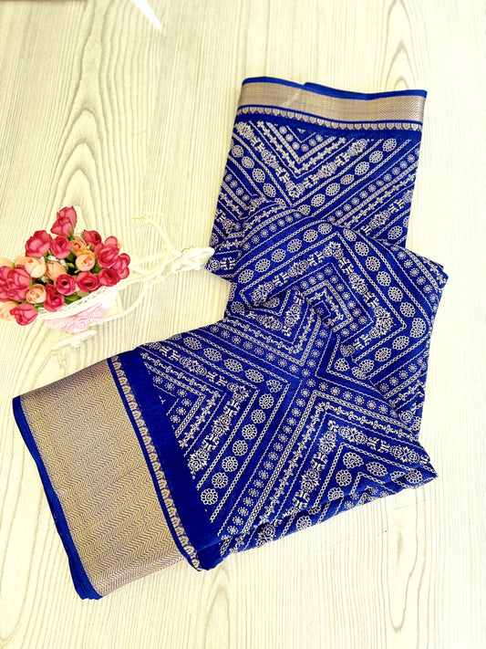 Graceful Royal Blue Soft Silk Saree with Golden Border and Traditional Patterns