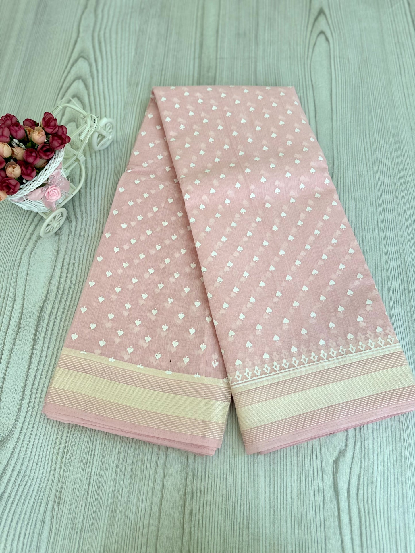 Graceful Baby Pink Cotton Saree with Polka Dot Elegance