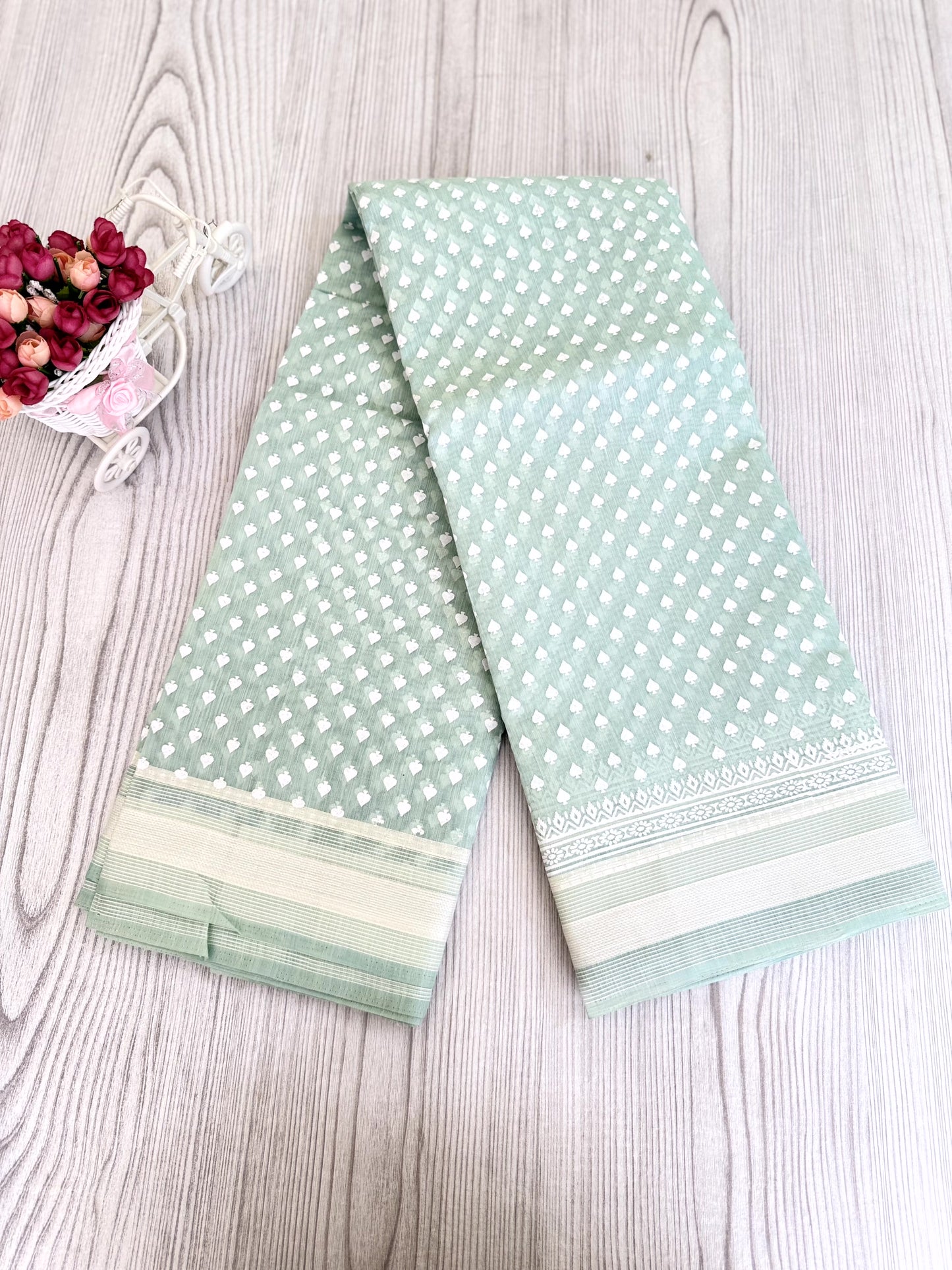 Graceful Seafoam Green Cotton Saree with Polka Dot Elegance