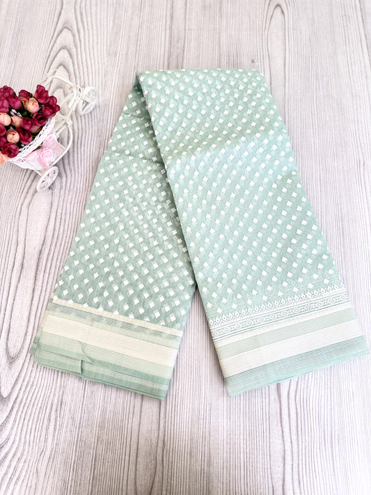 Graceful Seafoam Green Cotton Saree with Polka Dot Elegance