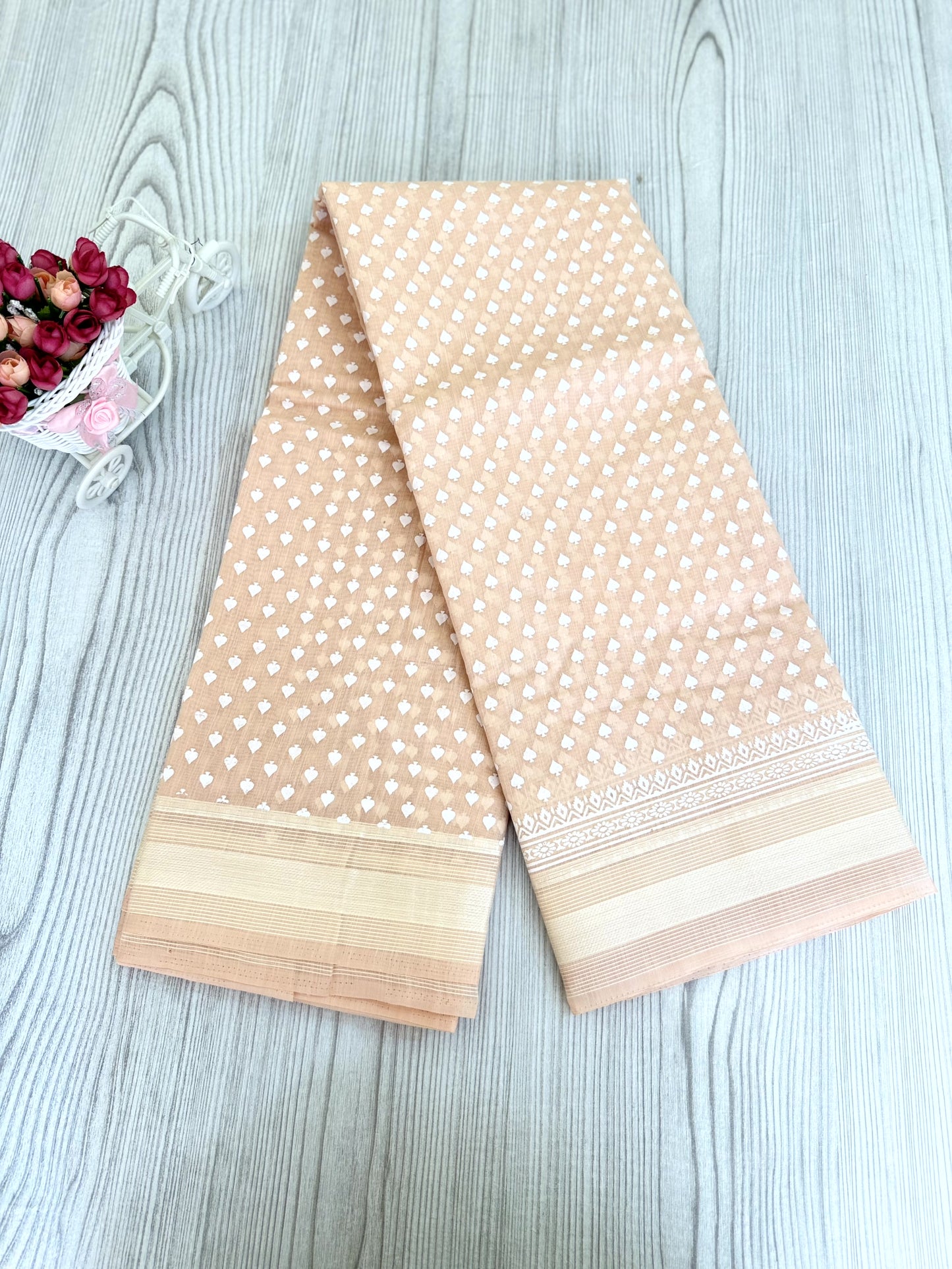 Graceful Peach Cotton Saree with Polka Dot Elegance