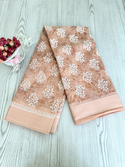 Graceful Peach Cotton Saree with white flower motifs