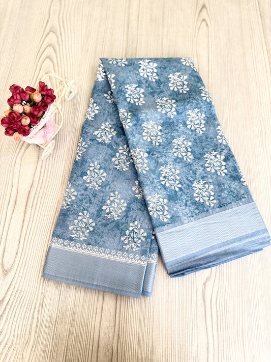 Graceful Sky blue Cotton Saree with white flower motifs