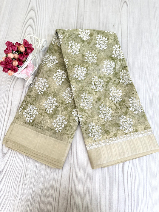Graceful Light green Cotton Saree with white flower motifs