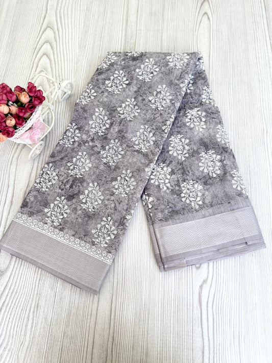 Graceful Grey Cotton Saree with white flower motifs