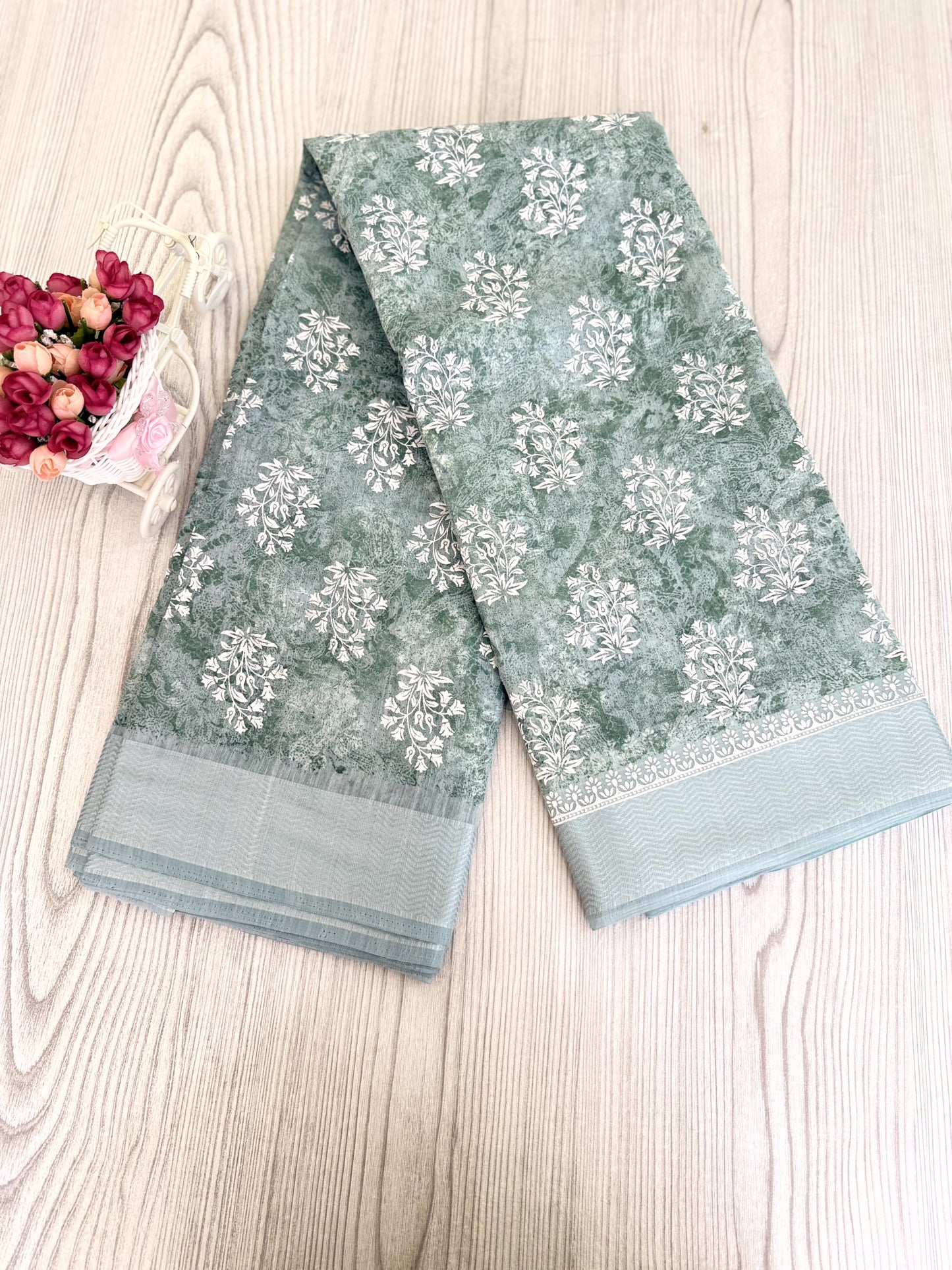 Graceful Greywacke green Cotton Saree with white flower motifs