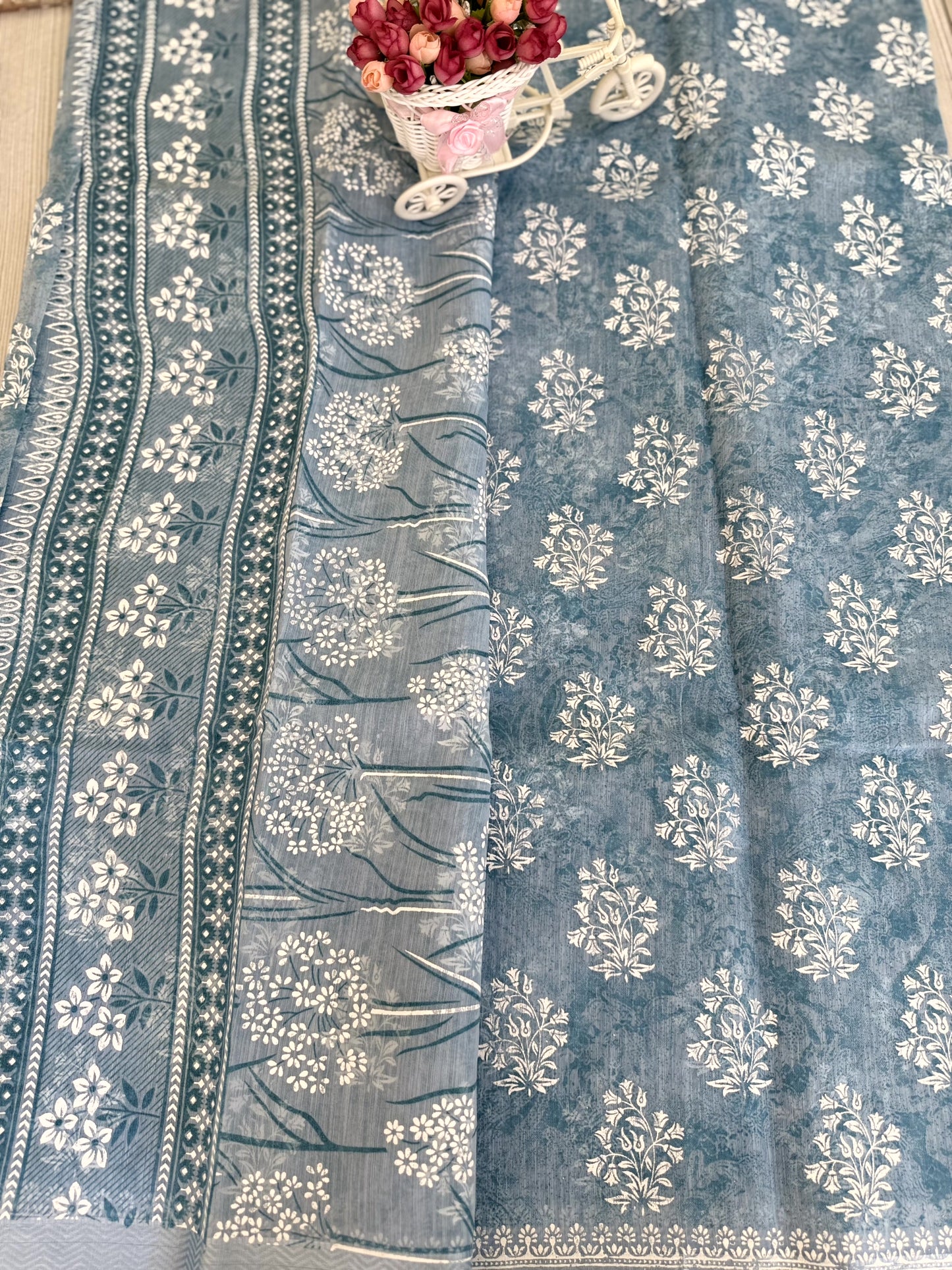 Graceful Greywacke green Cotton Saree with white flower motifs