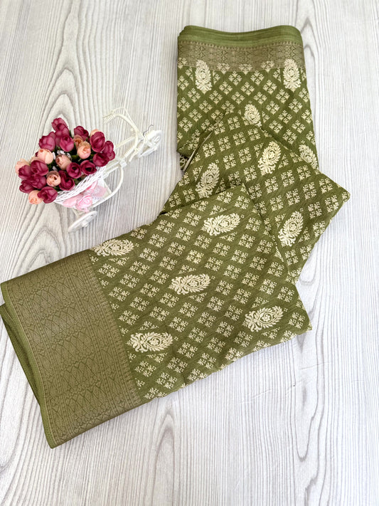 Parrot Green Banarasi Silk Saree with Intricate Silver Zari Work