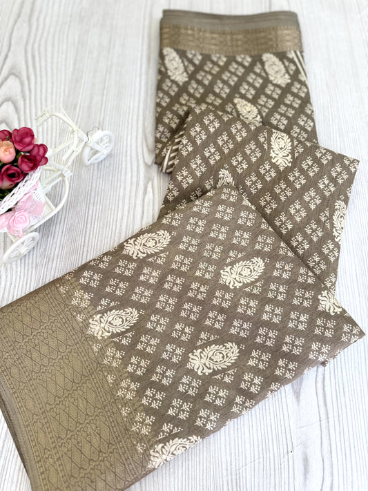 Grey Banarasi Silk Saree with Intricate Silver Zari Work