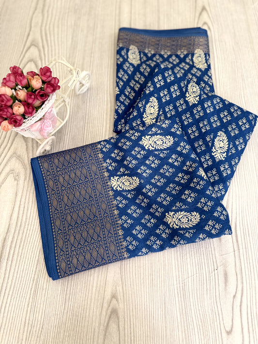 Blue Banarasi Silk Saree with Intricate Silver Zari Work