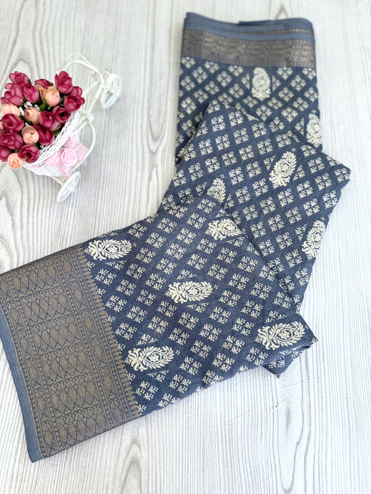 Grey Banarasi Silk Saree with Intricate Silver Zari Work