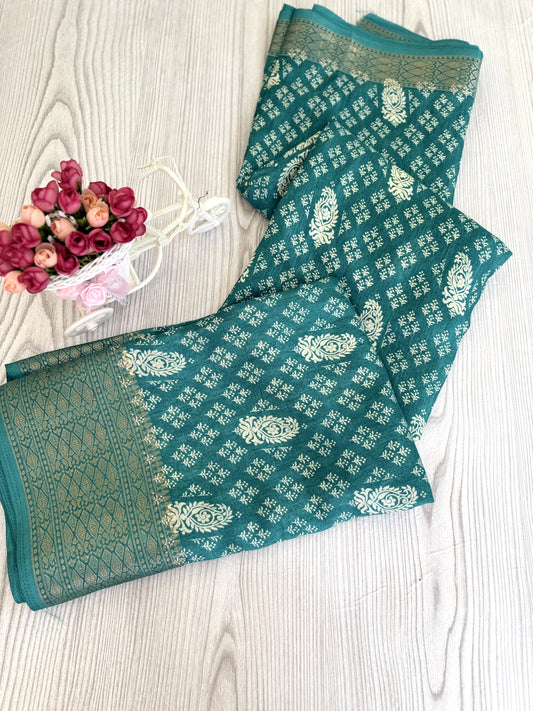 Teal blue Banarasi Silk Saree with Intricate Silver Zari Work