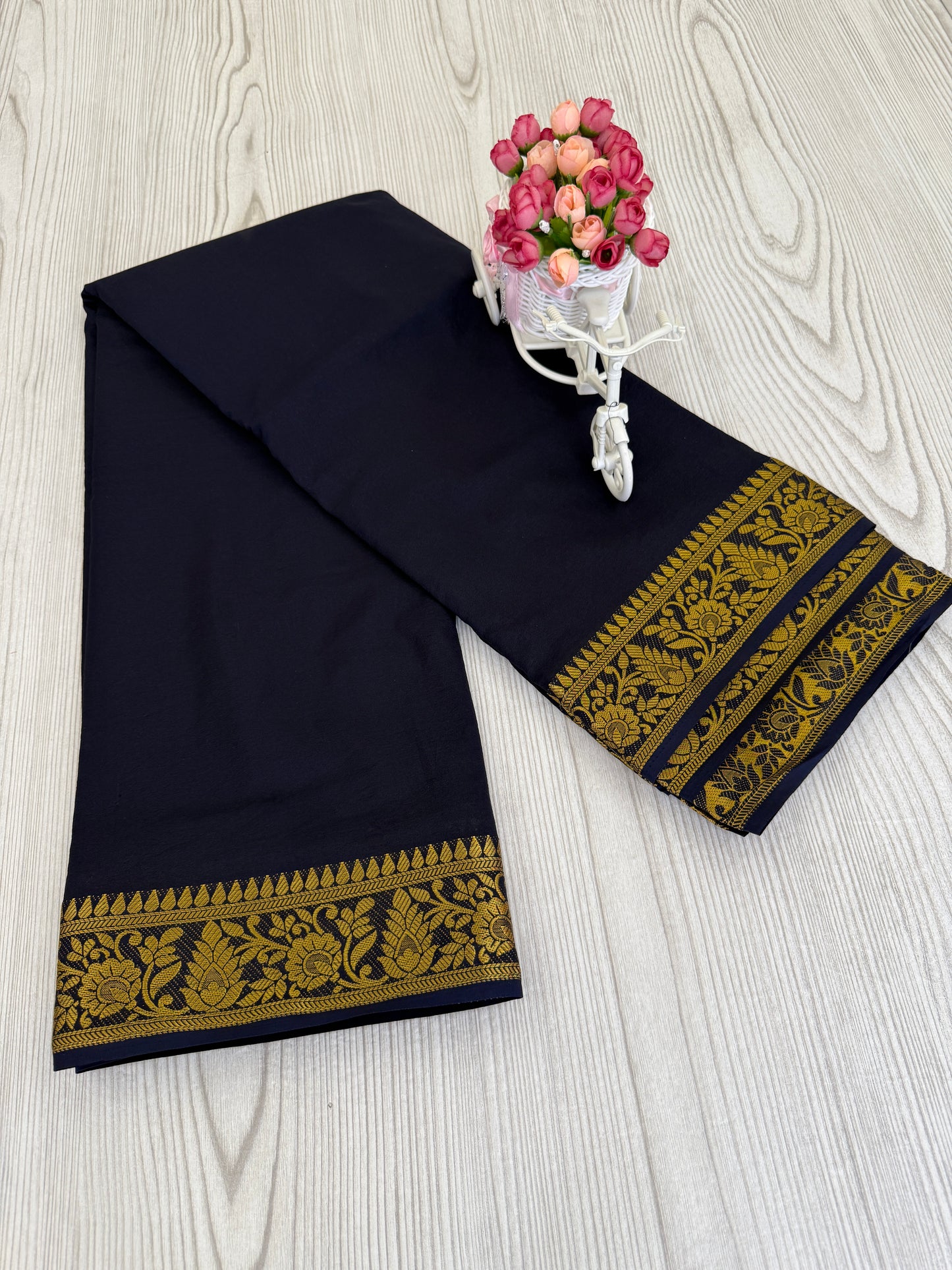 Semi Mysore Silk Saree in Black color with Golden Zari