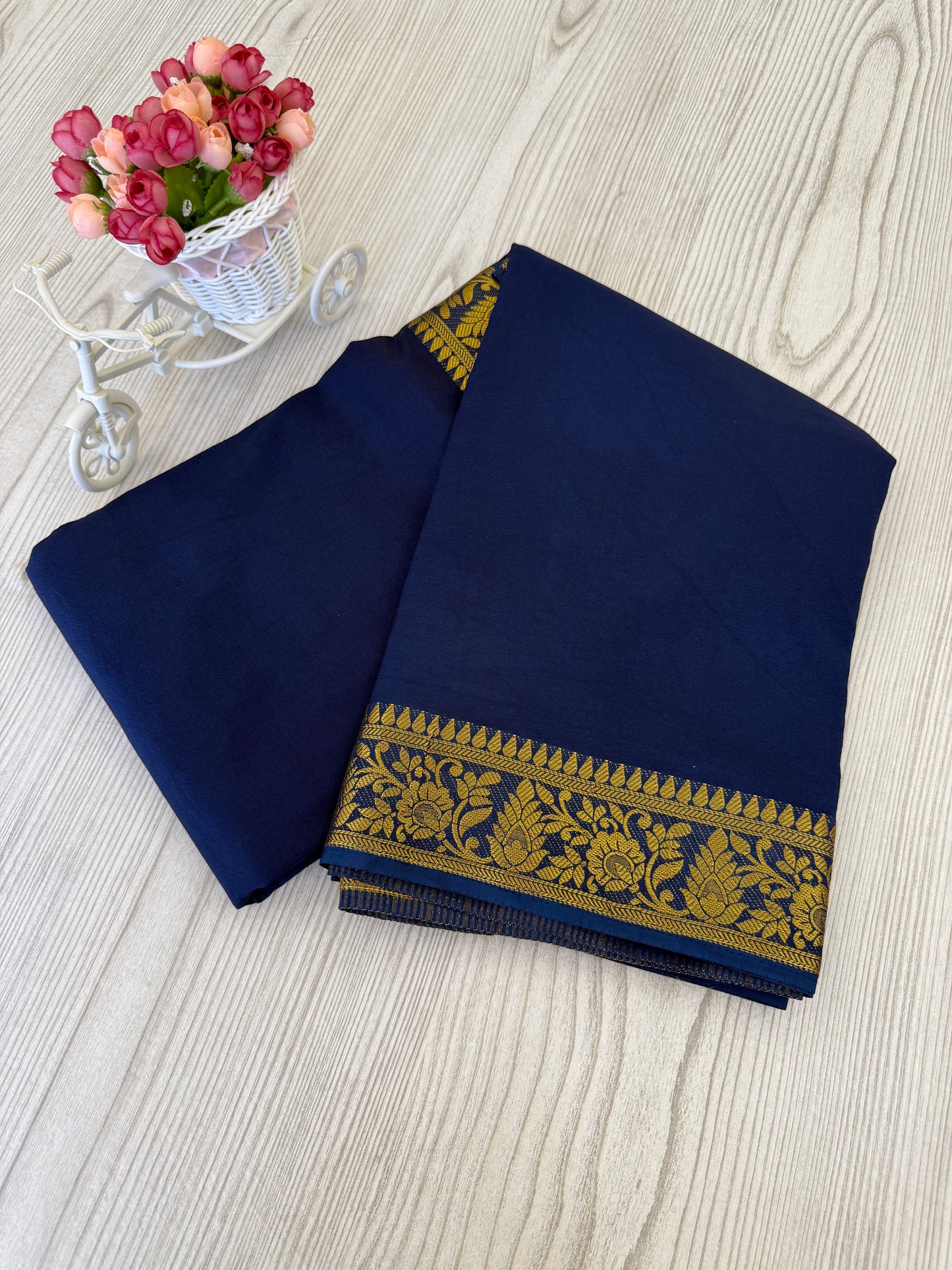 Semi Mysore Silk Saree in Navy blue color with Golden Zari