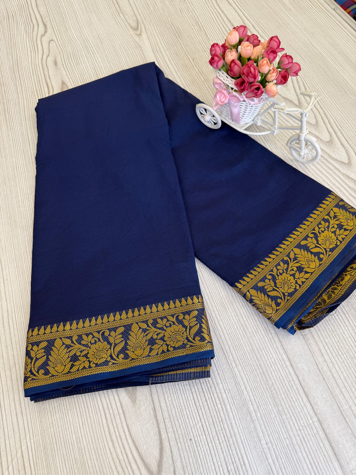 Semi Mysore Silk Saree in Light navy blue color with Golden Zari