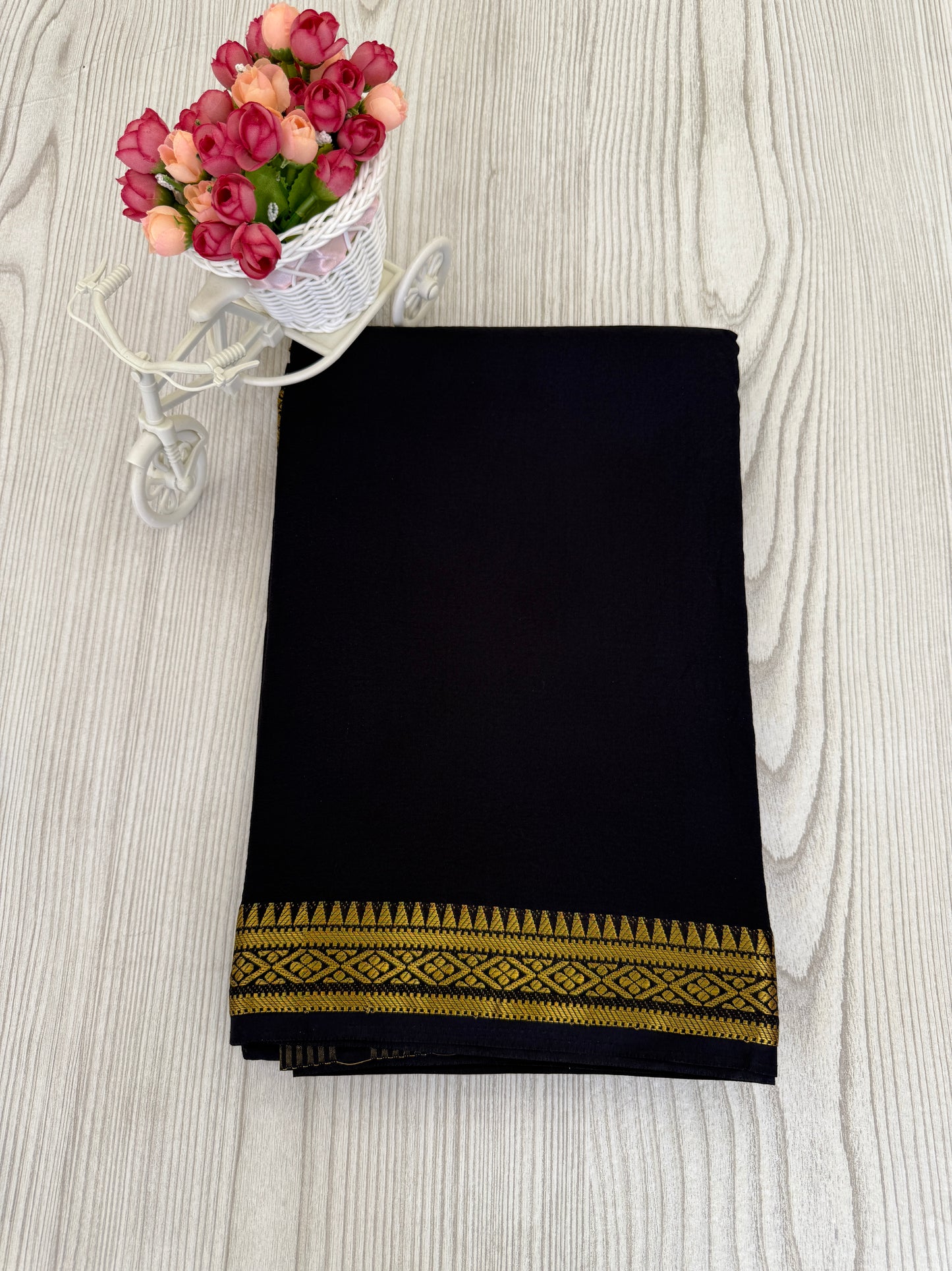 Semi Mysore Silk Saree in Black with Golden Zari