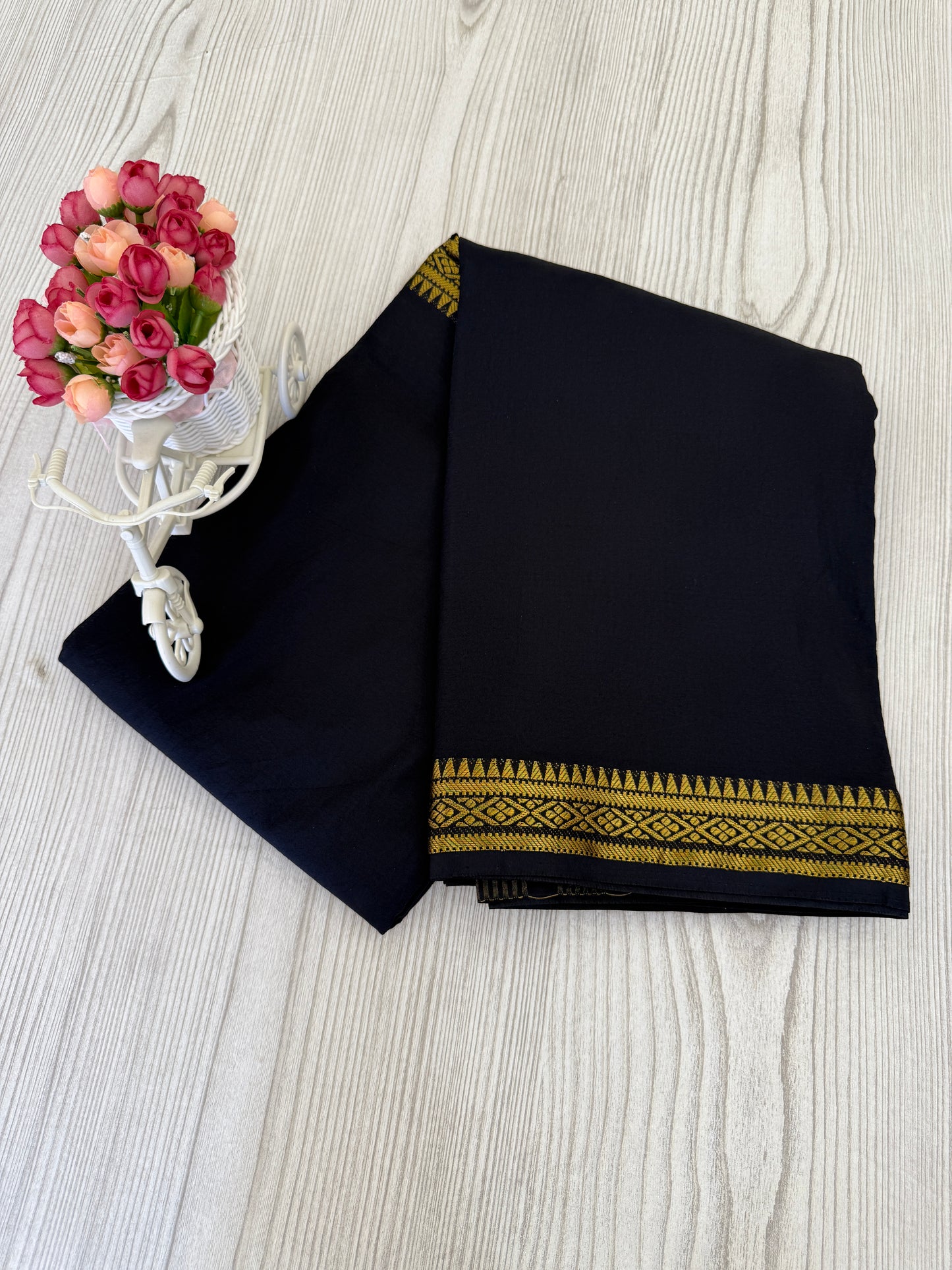 Semi Mysore Silk Saree in Black with Golden Zari
