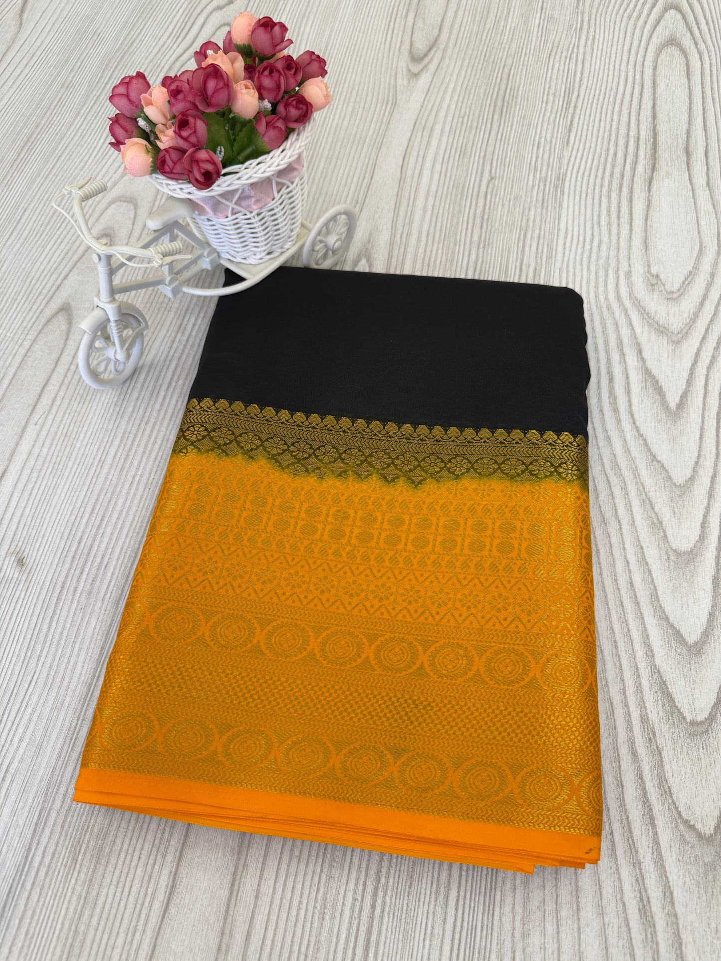 Black & Mustard Semi Mysore Silk Saree with Golden Zari Border