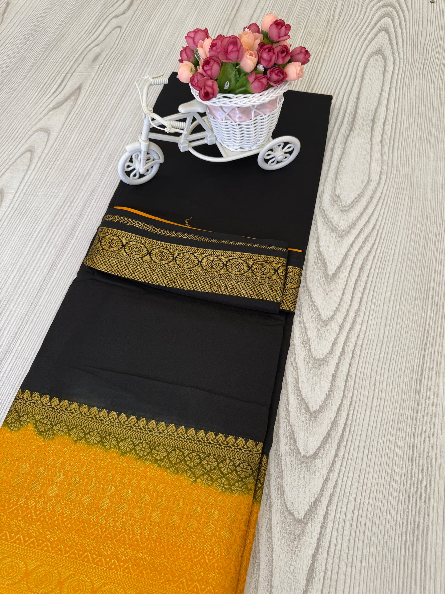 Black & Mustard Semi Mysore Silk Saree with Golden Zari Border