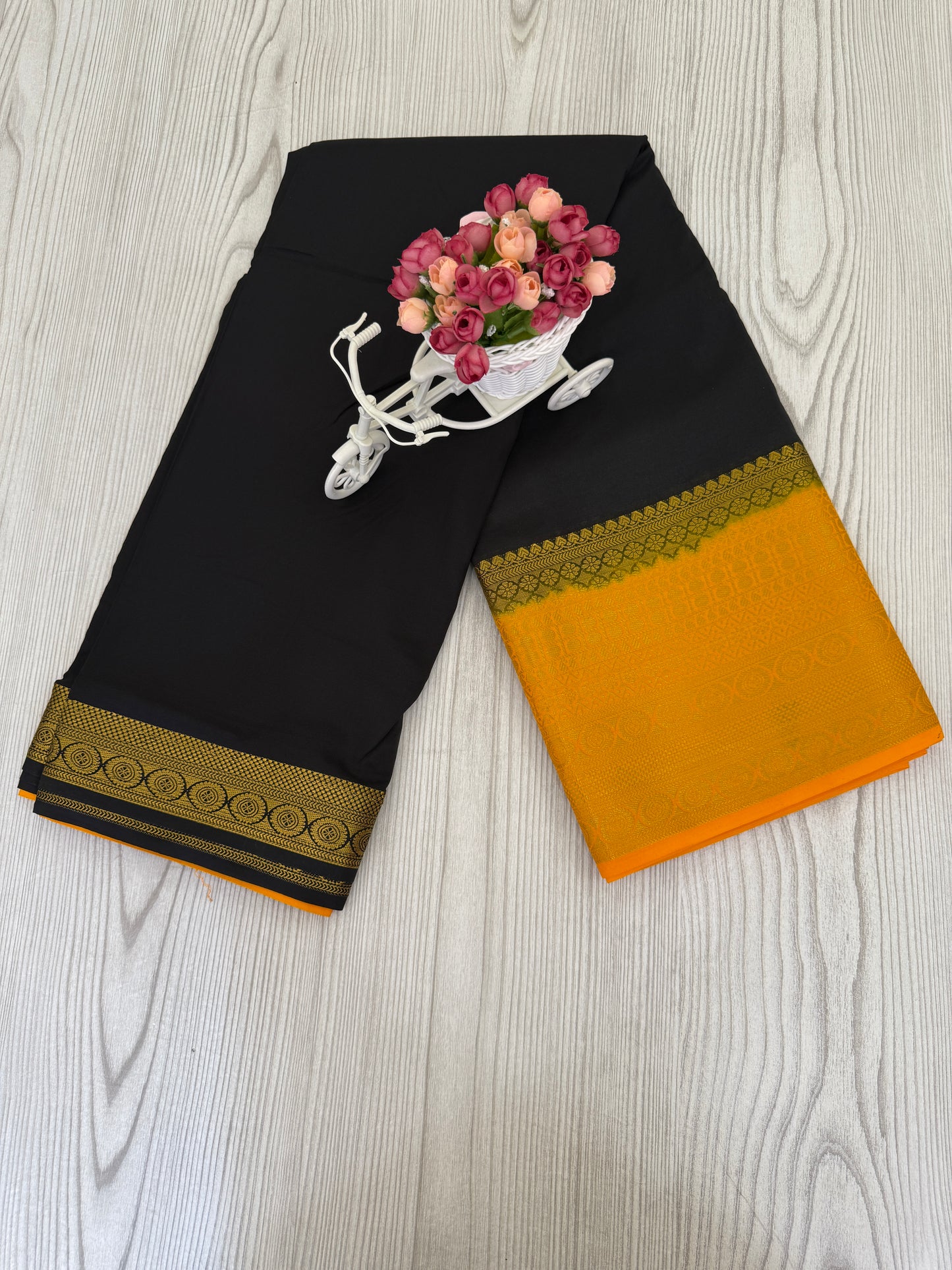 Black & Mustard Semi Mysore Silk Saree with Golden Zari Border