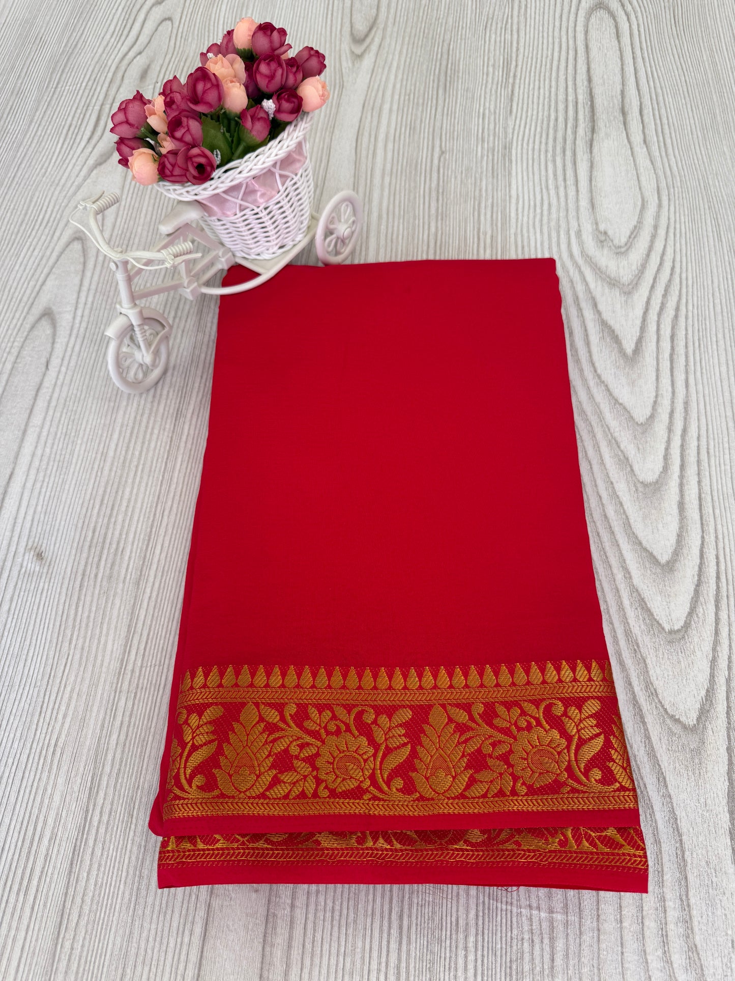 Semi Mysore Silk Saree in Red with Golden Zari