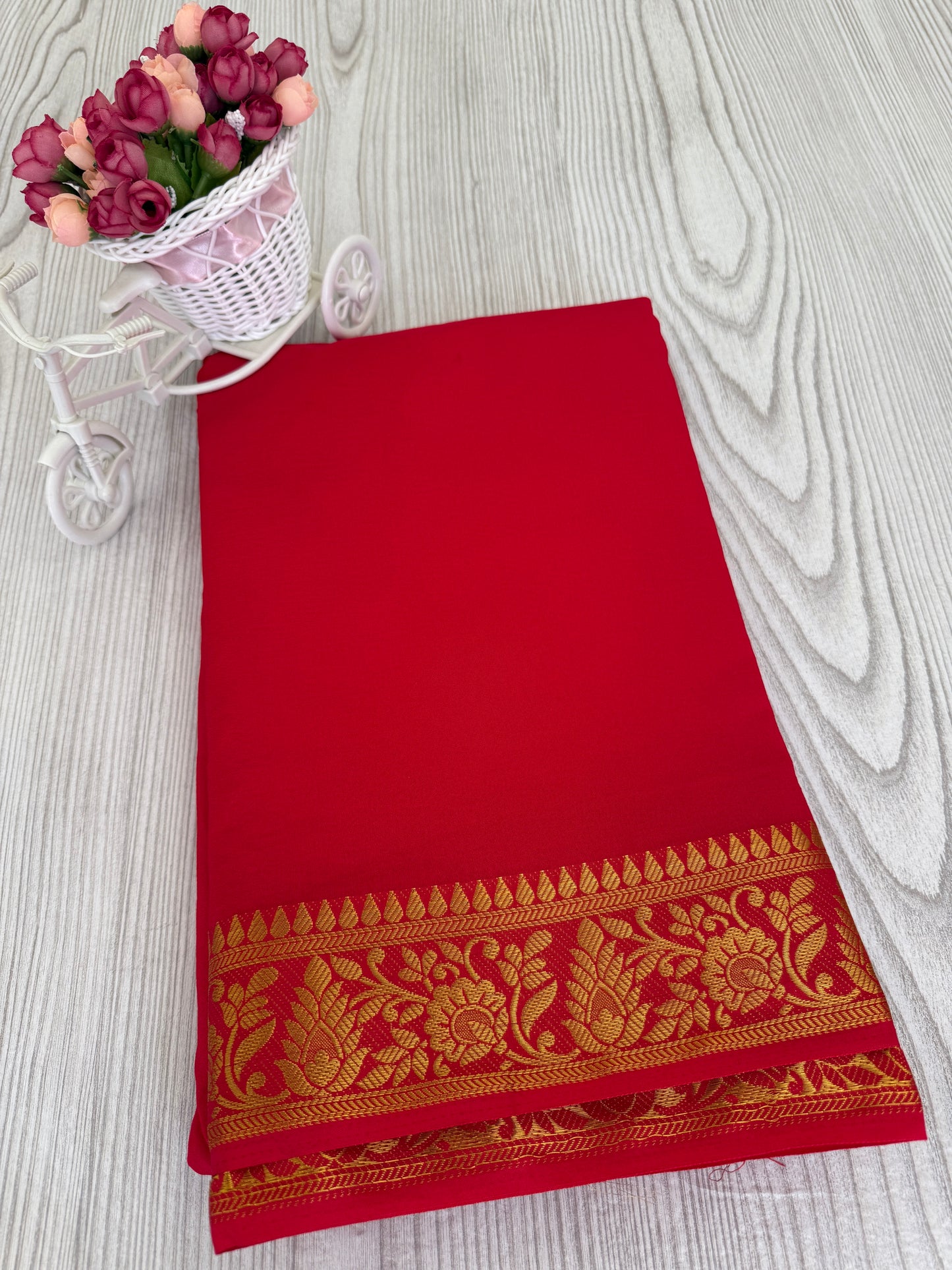Semi Mysore Silk Saree in Red with Golden Zari