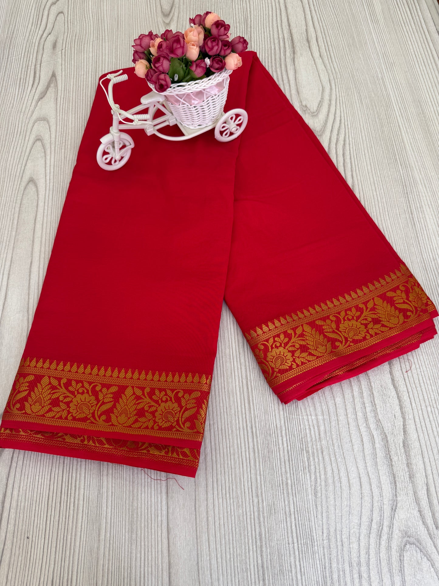 Semi Mysore Silk Saree in Red with Golden Zari
