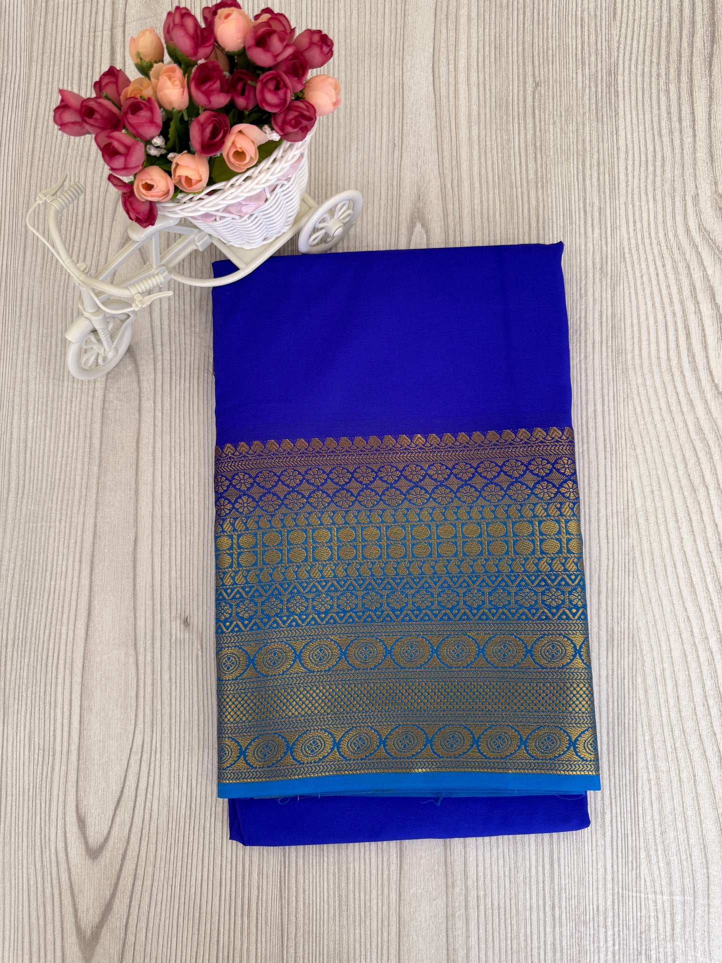Navy blue & Sky blue Semi Mysore Silk Saree with Golden Zari Border